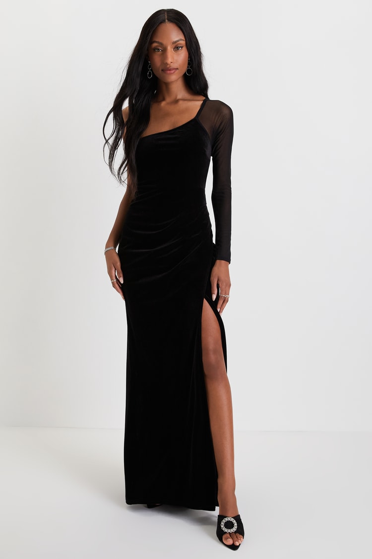 open lace back dress Women's Black Velvet One Shoulder Gown main image 0