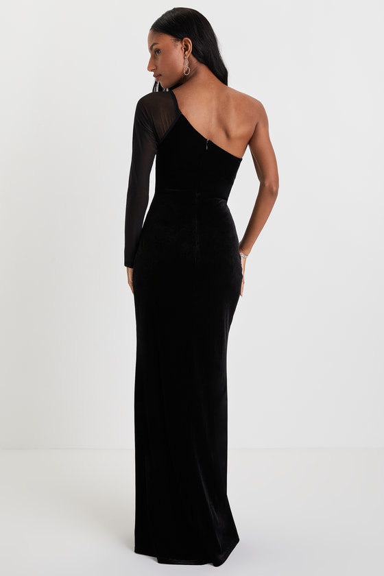 Lavish Style Black Velvet Mesh One-Shoulder Tulip Maxi Dress 4