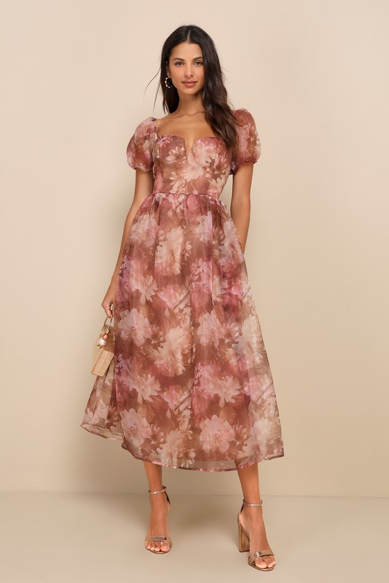 Lovely Statement Light Brown Floral Organza Tie-Back Midi Dress 1