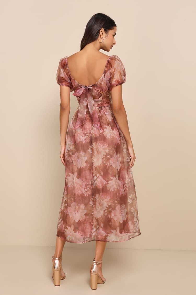 Lovely Statement Light Brown Floral Organza Tie-Back Midi Dress