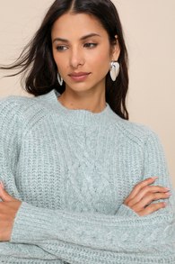 Cuddly Love Sage Blue Cable Knit Crew Neck Sweater