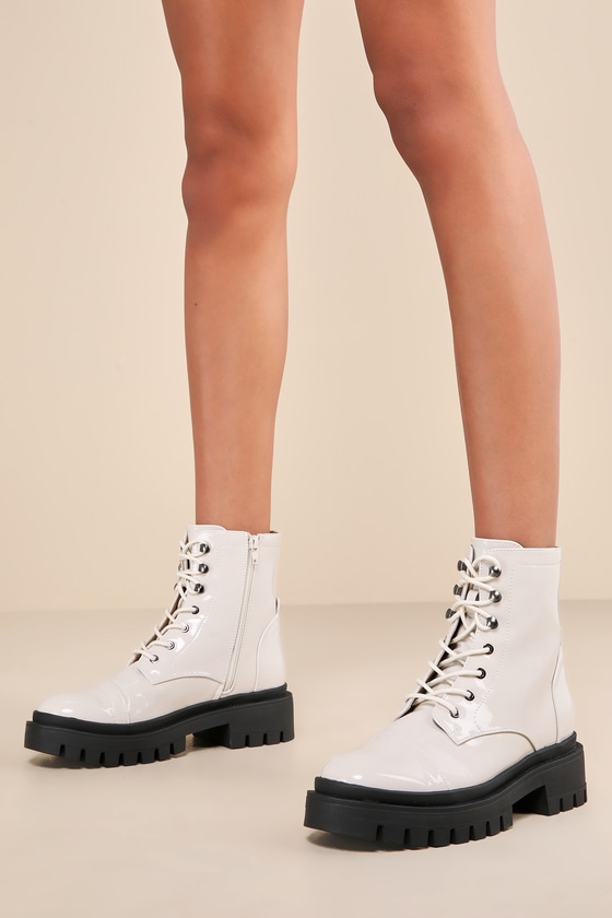 ShuShop Ursula Bone - Patent Ankle Booties - Lace-Up Booties - Lulus