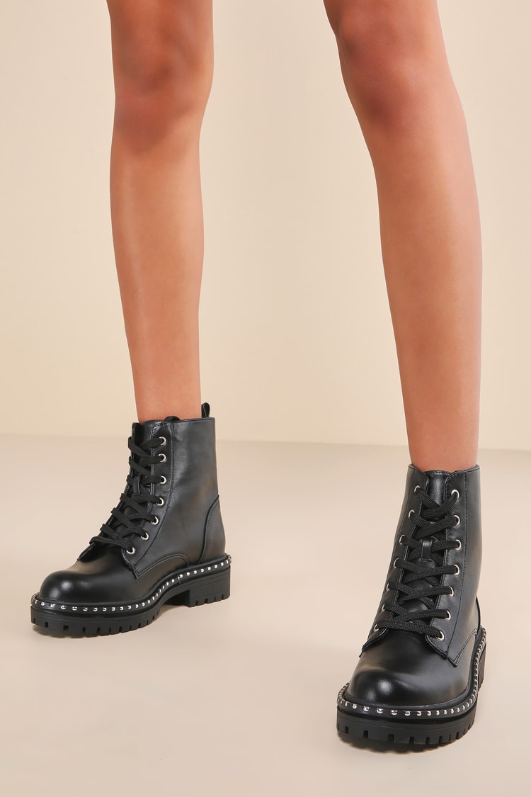 Black Ankle Boots - Lace-Up Booties - Studded Lug Sole Boots - Lulus