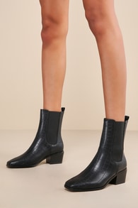 Jaylia Black Croc-Embossed Square-Toe Ankle Boots