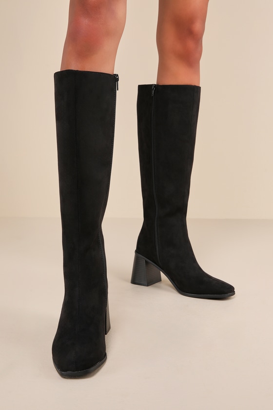 Marvari Black Suede Square Toe Knee High Boots