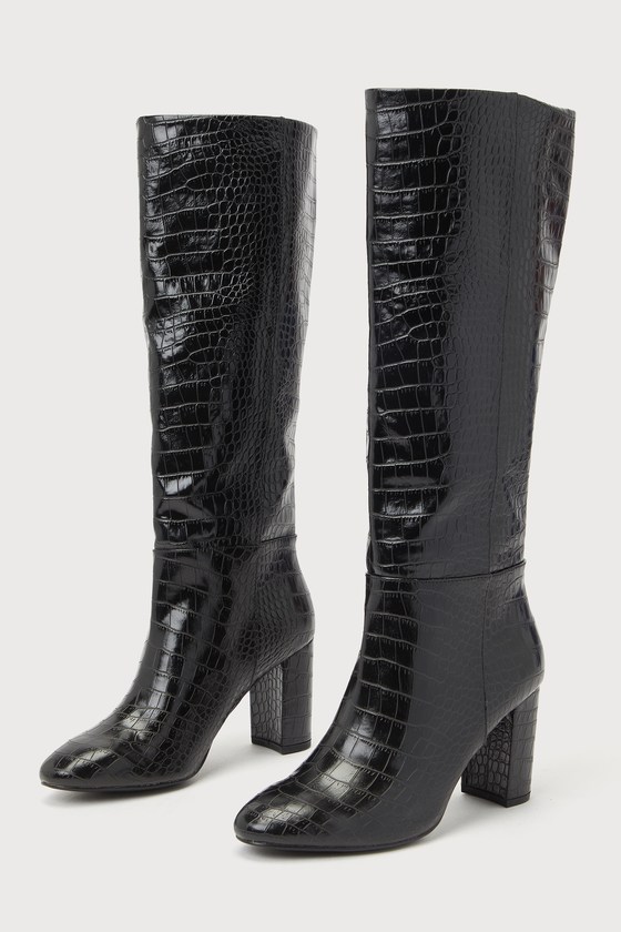 Chinese Laundry Krafty Black Croc-embossed Knee-high High Heel Boots