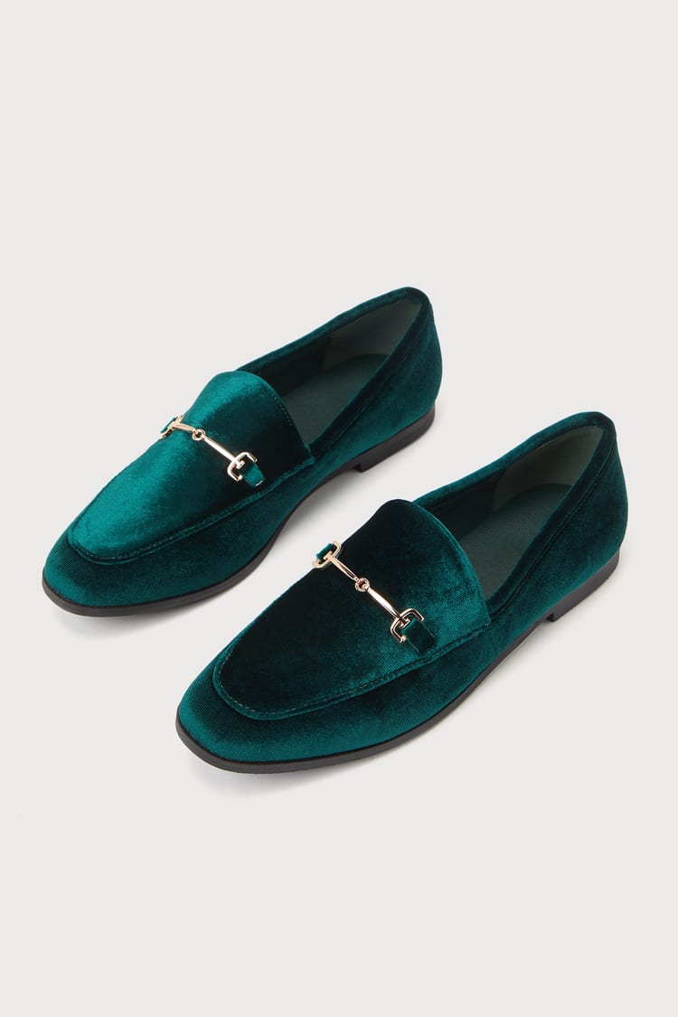 Green Velvet Loafers - Horsebit Flat Loafers - Slip-On Loafers - Lulus