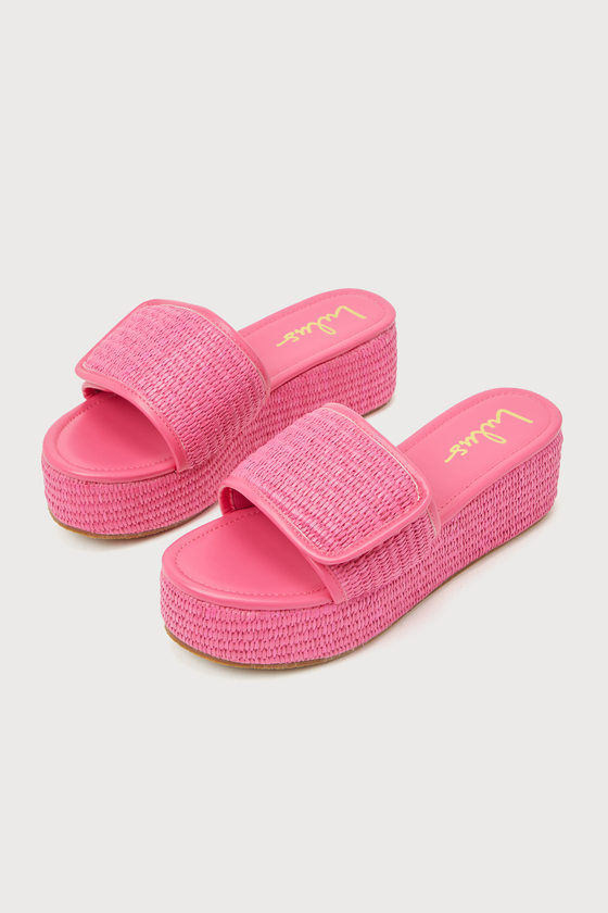 Shop Lulus Evolet Pink Raffia Platform Slide Sandals