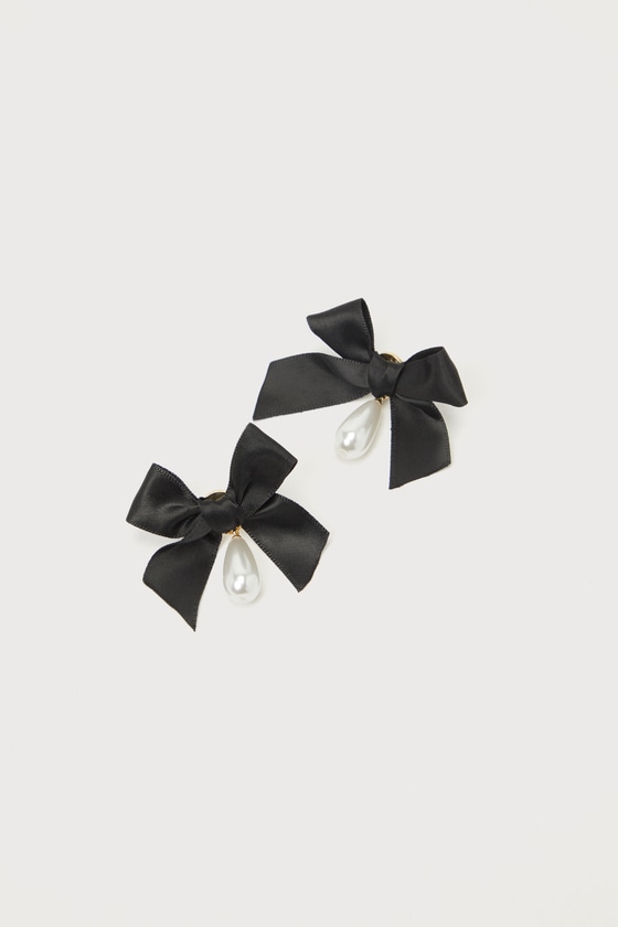 Darling Effect Black Satin Pearl Ribbon Earrings 2