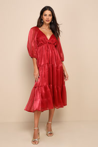 Romantic Appearance Wine Red Organza Tiered Midi Dress