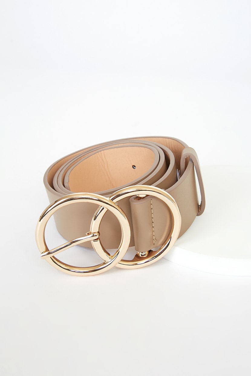 Taupe Leather Belt with Gold Double-Ring Buckle Buy Gold Double D Ring Belt Handmade Natural Pebble Leather  main image 4