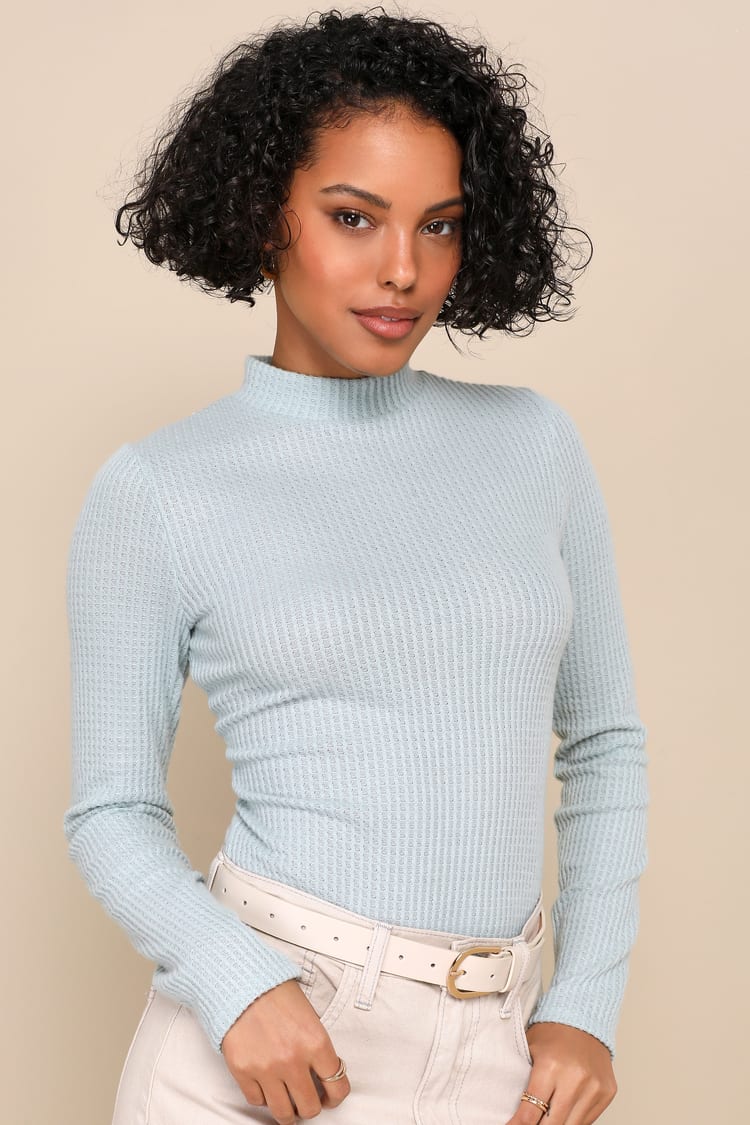 Cuddly Couture Mint Blue Waffle Knit Mock Neck Top