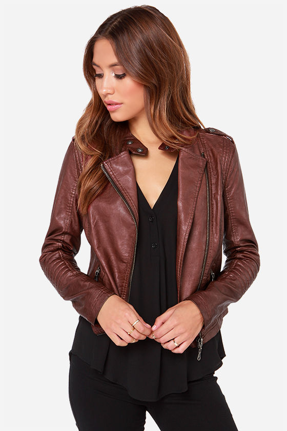 Black Swan Heart Burgundy Vegan Leather Moto Jacket 1