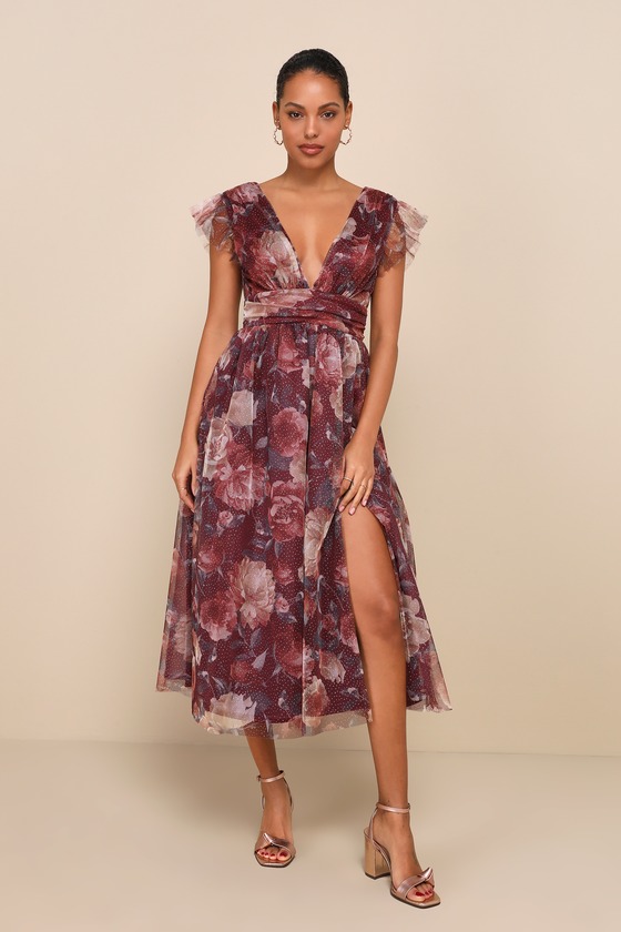 Lulus Elegant Affection Burgundy Floral Tulle Ruffled Midi Dress