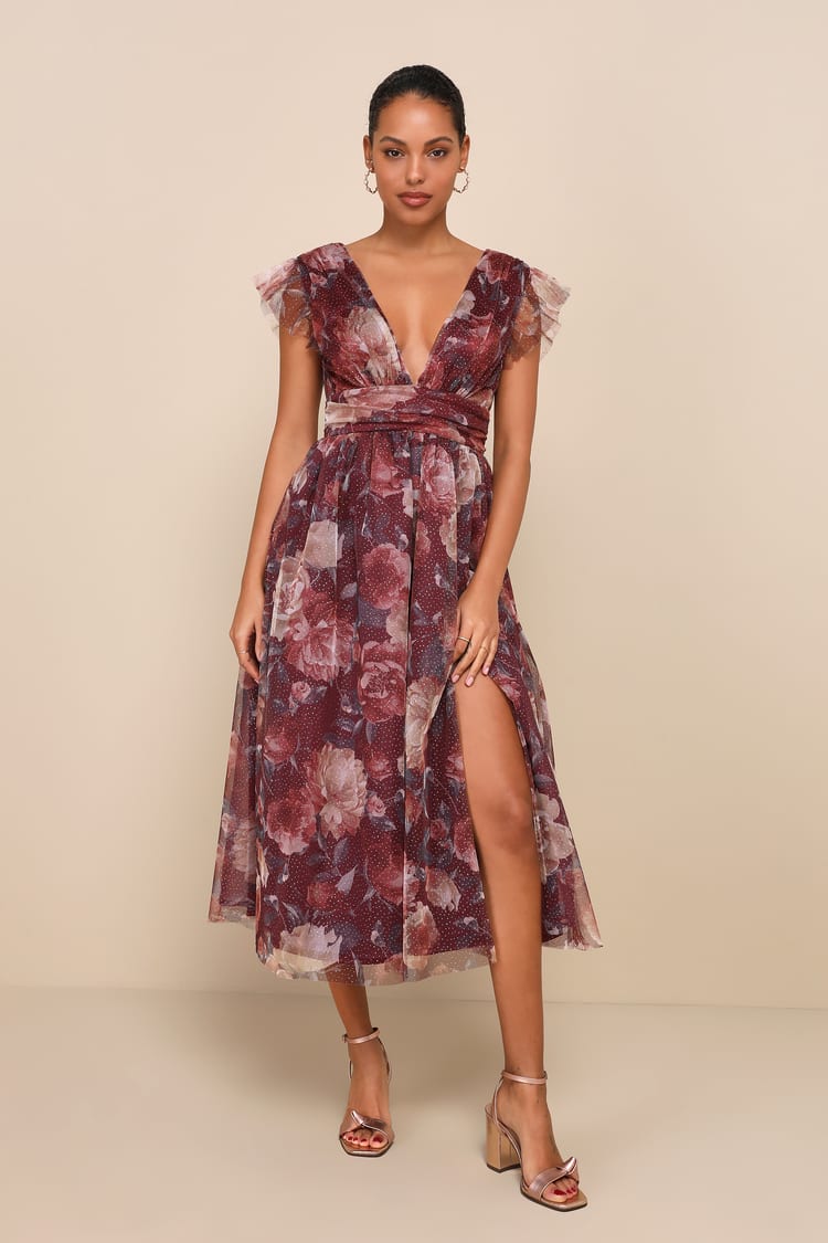 Burgundy Floral Midi Dress - Tulle Dot Dress - Ruffled Midi Dress - Lulus