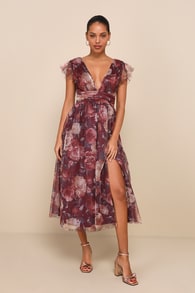 Elegant Affection Burgundy Floral Tulle Ruffled Midi Dress