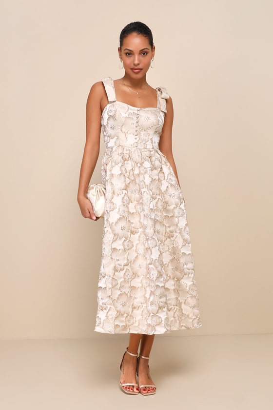 Lulus Unique Beauty Cream Floral Tie-strap Midi Dress With Pockets In White