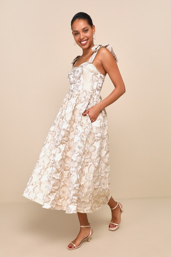 Unique Beauty Cream Floral Tie-Strap Midi Dress With Pockets 3