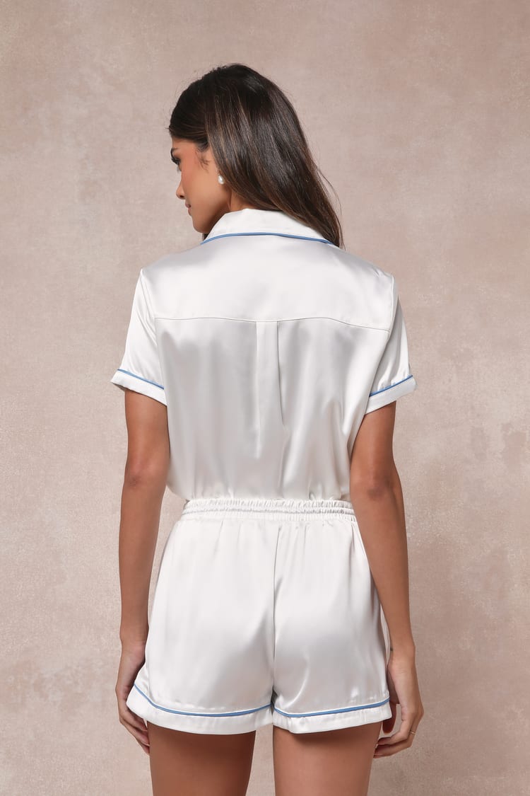 Miss to Mrs White Embroidered Satin Two-Piece Pajama Set