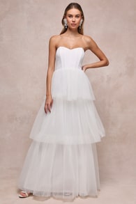 Exquisite Enchantment White Tulle Tiered Strapless Maxi Dress