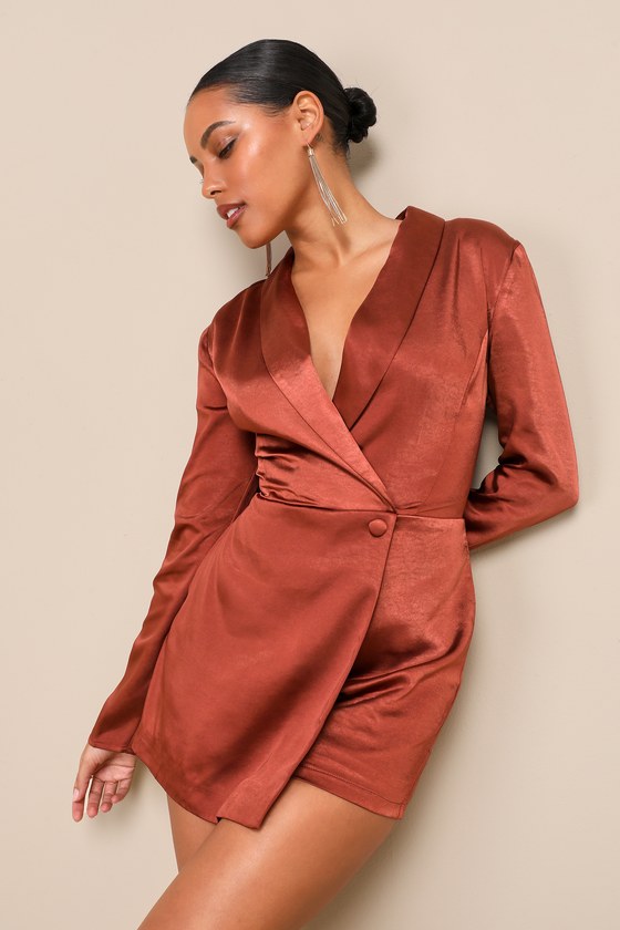 Elevated Persona Bronze Satin Collared Skort Romper 1