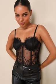 Strikingly Sultry Black Sheer Lace Sleeveless Bustier Top