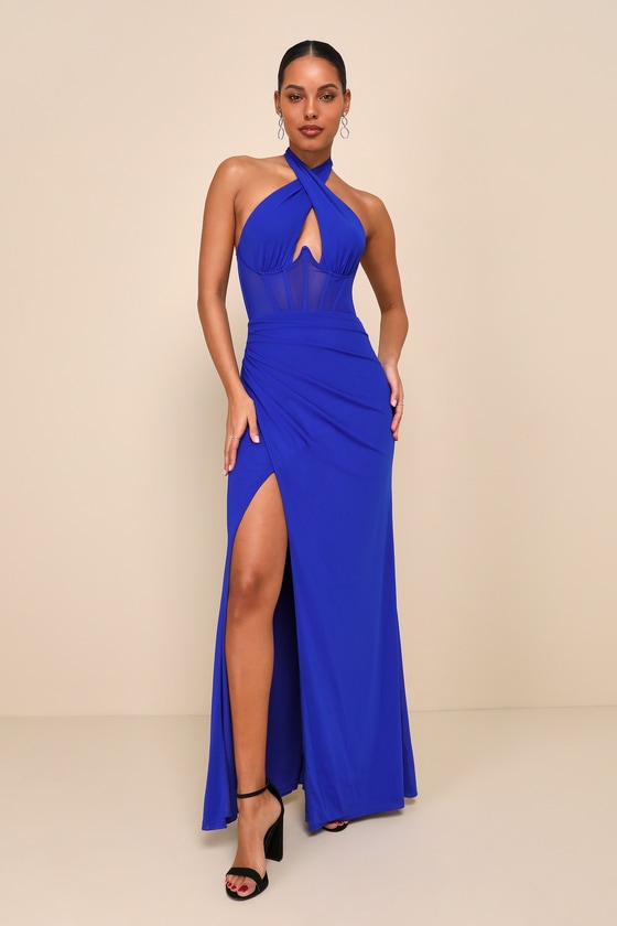 Lulus Never-ending Glamour Blue Mesh Cross-front Halter Maxi Dress
