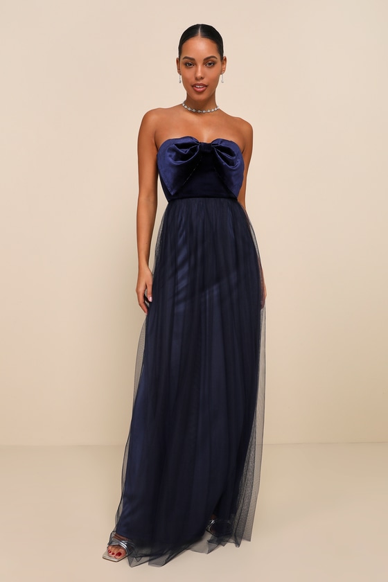 Perfectly Dramatic Navy Velvet Tulle Strapless Bow Maxi Dress 2