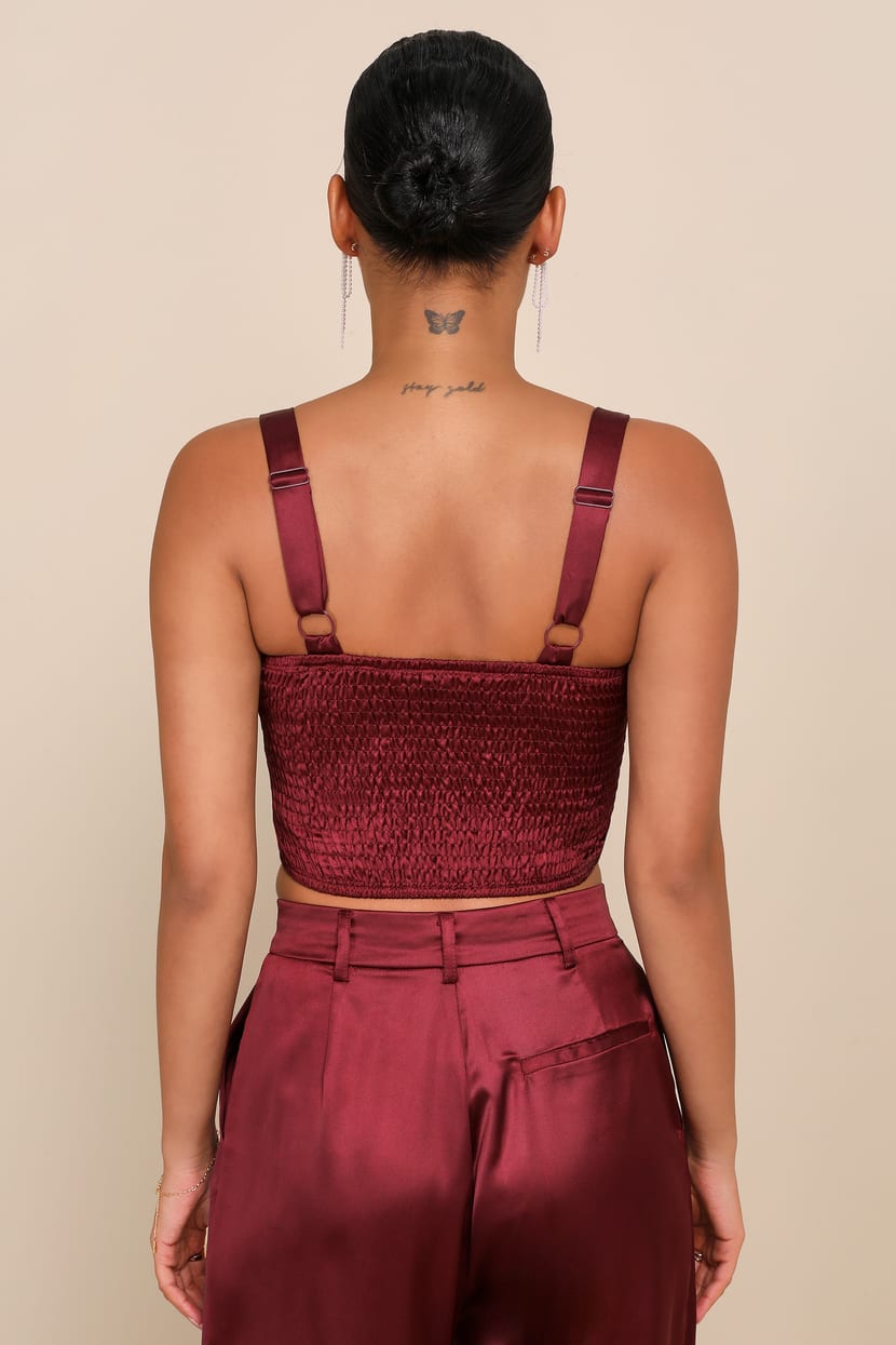 Flawless Behavior Burgundy Satin Pleated Rosette Tank Top