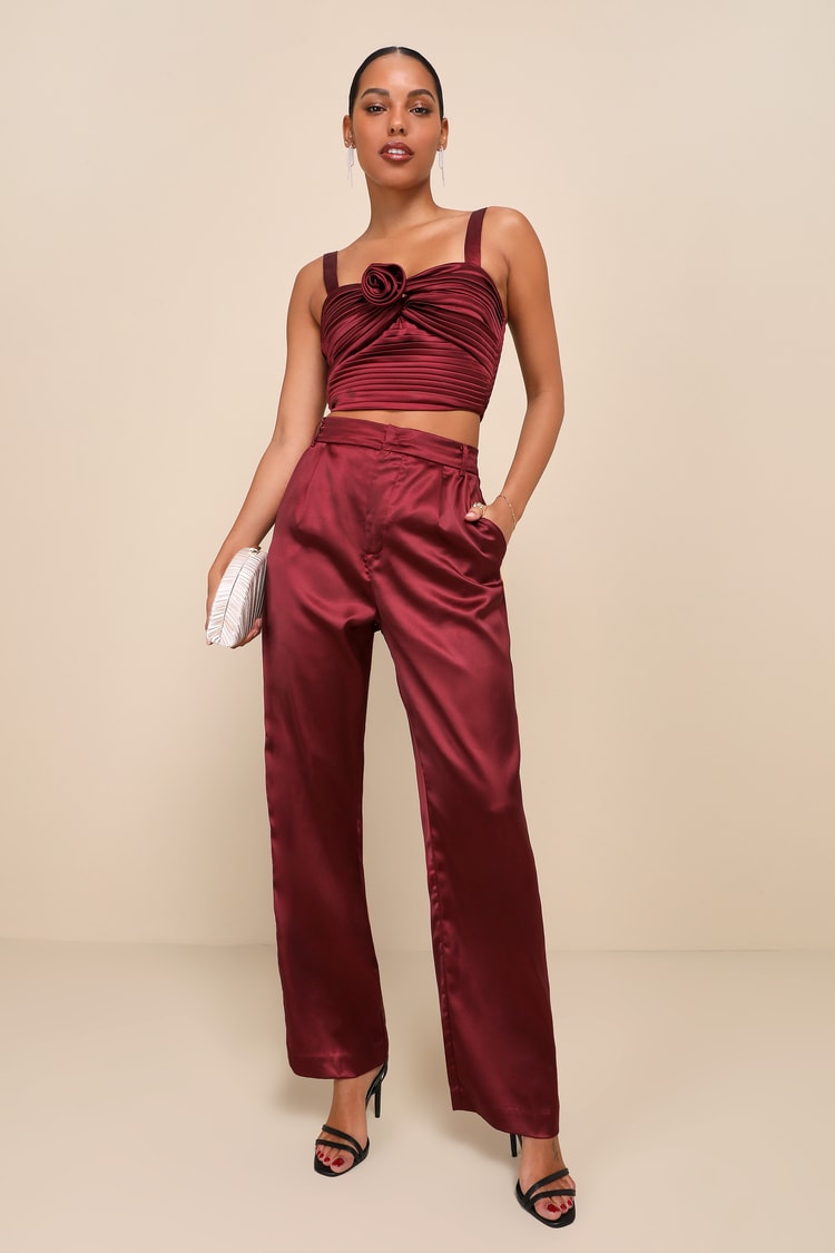 Flawless Behavior Burgundy Satin Pleated Rosette Tank Top