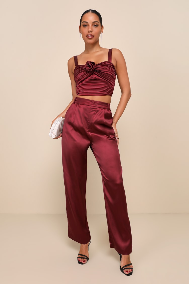 Burgundy Satin Pants - High Rise Pants - Straight Leg Pants - Lulus Burgundy Satin Pants - High Rise Pants - Straight Leg Pants - Lulus