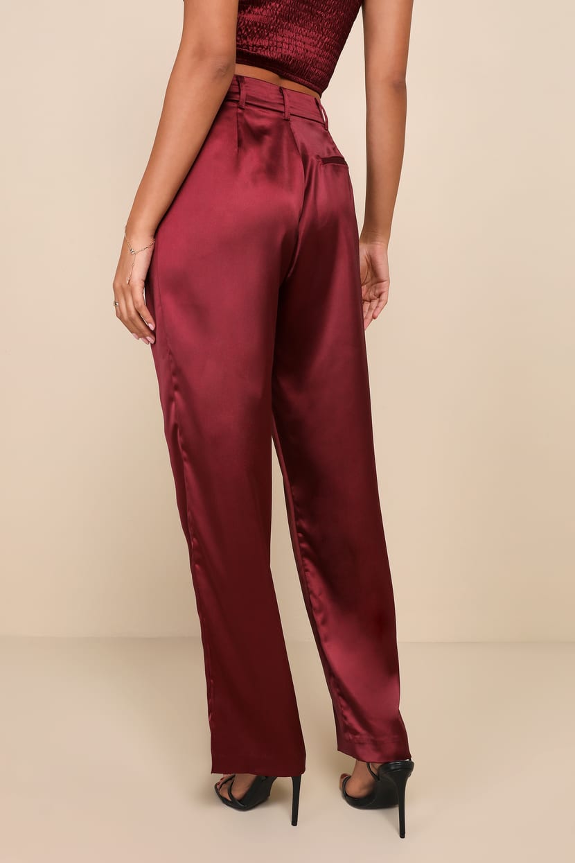 Burgundy Satin Pants - High Rise Pants - Straight Leg Pants - Lulus