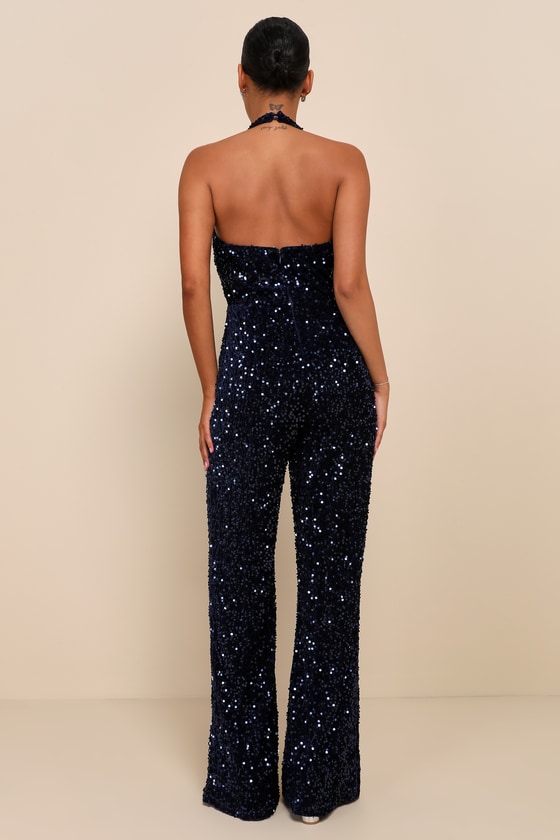 Navy Blue Jumpsuit Velvet Sequin Jumpsuit Halter Jumpsuit Lulus