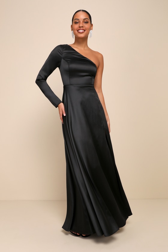 Lulus Unreal Elegance Black Satin One-shoulder Long Sleeve Maxi Dress