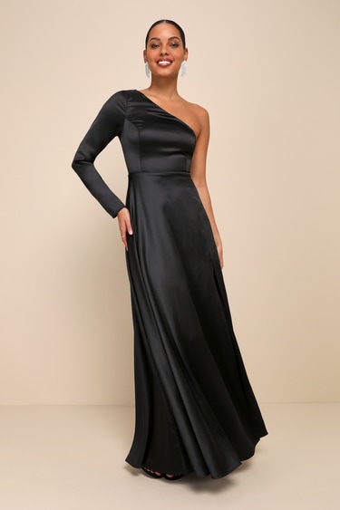 Satin One Shoulder Long Sleeve Maxi Dress Unreal Elegance Black