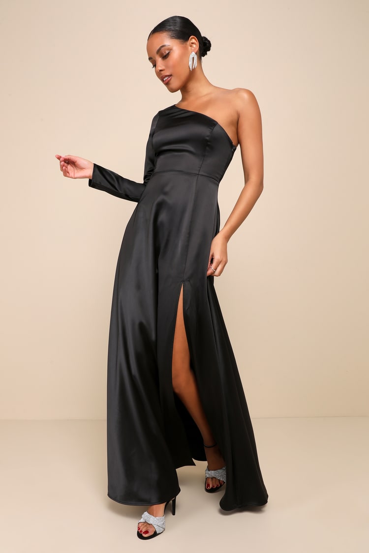 lulus one shoulder maxi dress Dreaming of Elegance Black Satin One-Shoulder Maxi Dress