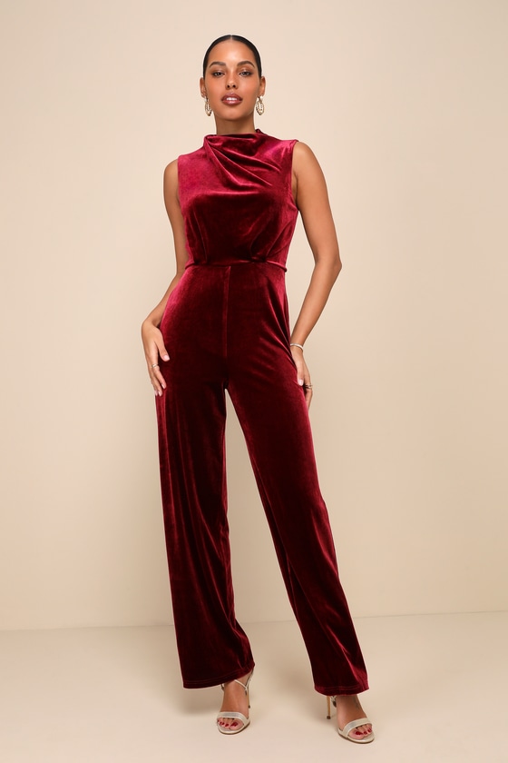 Lulus Essential Confidence Wine Red Velvet Mock Neck Jumpsuit