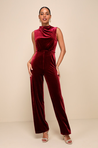 Essential Confidence Wine Red Velvet Mock Neck Jumpsuit 1