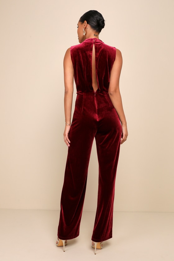 Essential Confidence Wine Red Velvet Mock Neck Jumpsuit - thumbnail 4