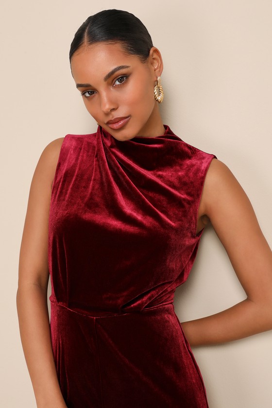 Essential Confidence Wine Red Velvet Mock Neck Jumpsuit 4