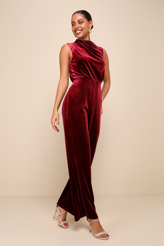 Essential Confidence Wine Red Velvet Mock Neck Jumpsuit - thumbnail 3