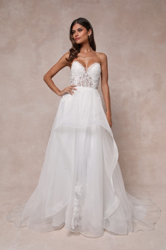 Lulus Mine, All Mine White Embroidered Organza Strapless A-line Gown