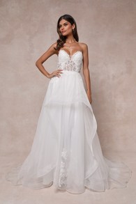 Mine, All Mine White Embroidered Organza Strapless A-Line Gown