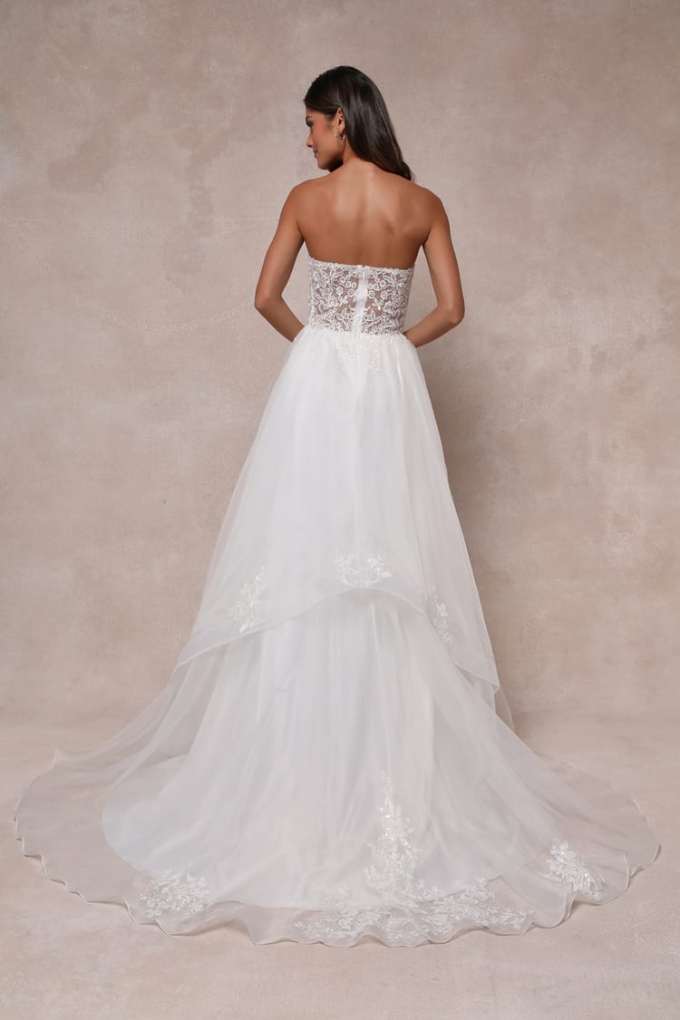 Mine, All Mine White Embroidered Organza Strapless A-Line Gown
