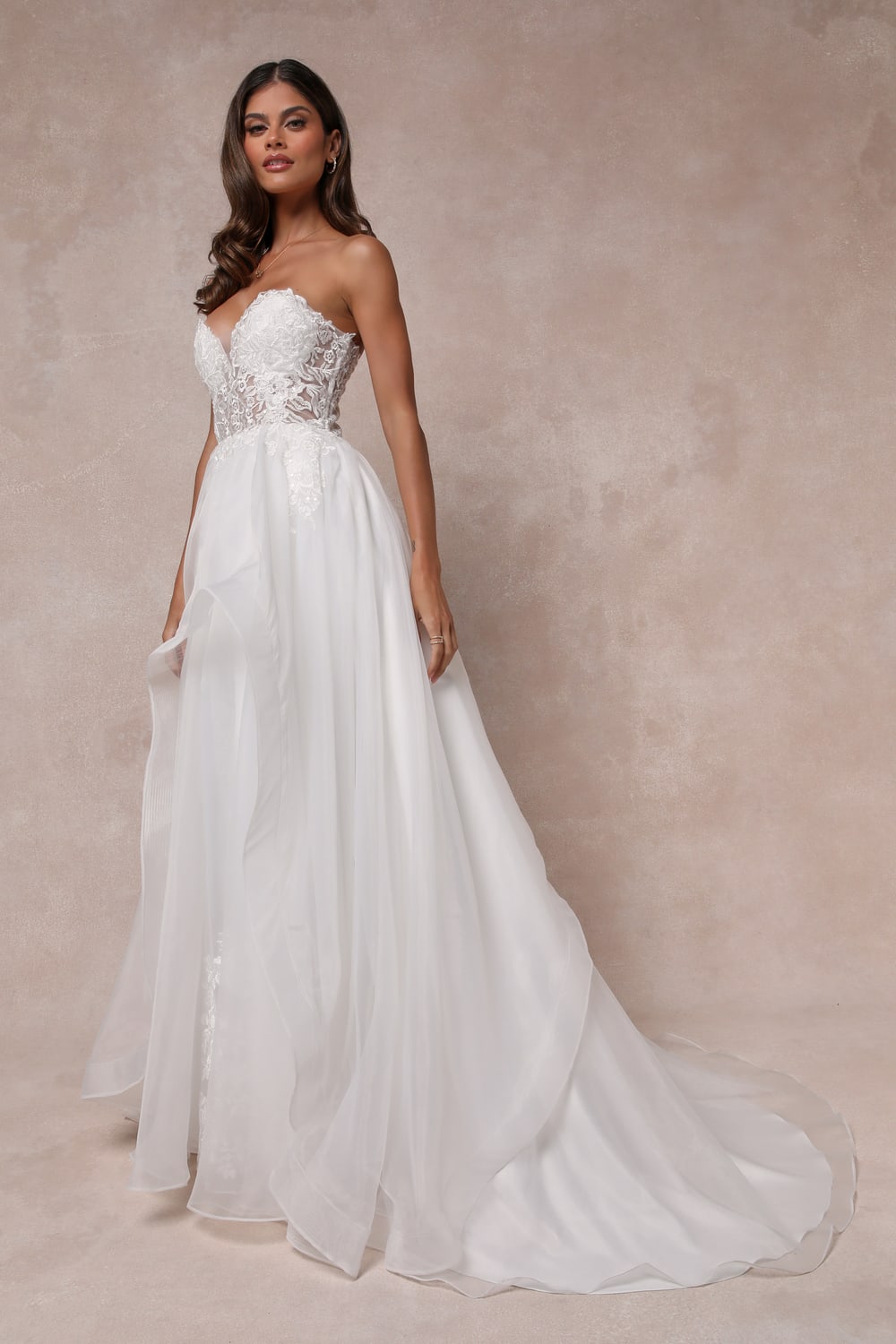 Mine, All Mine White Embroidered Organza Strapless A-Line Gown