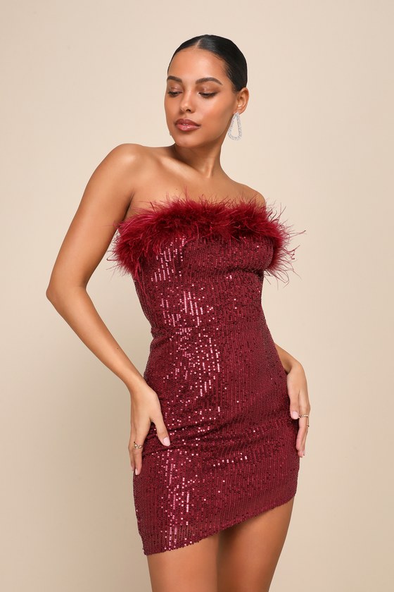 Lulus Glam Energy Burgundy Sequin Feather Asymmetrical Mini Dress