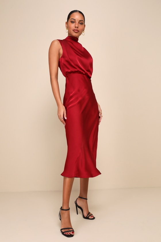 Lulus Distinctive Charm Burgundy Satin Asymmetrical Midi Dress