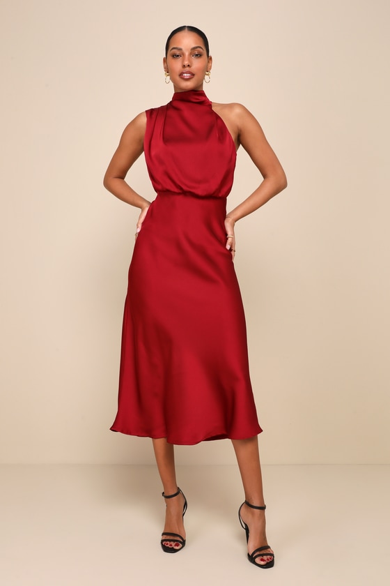 Sorrente Satin Twist Front Midi Dress - Burgundy
