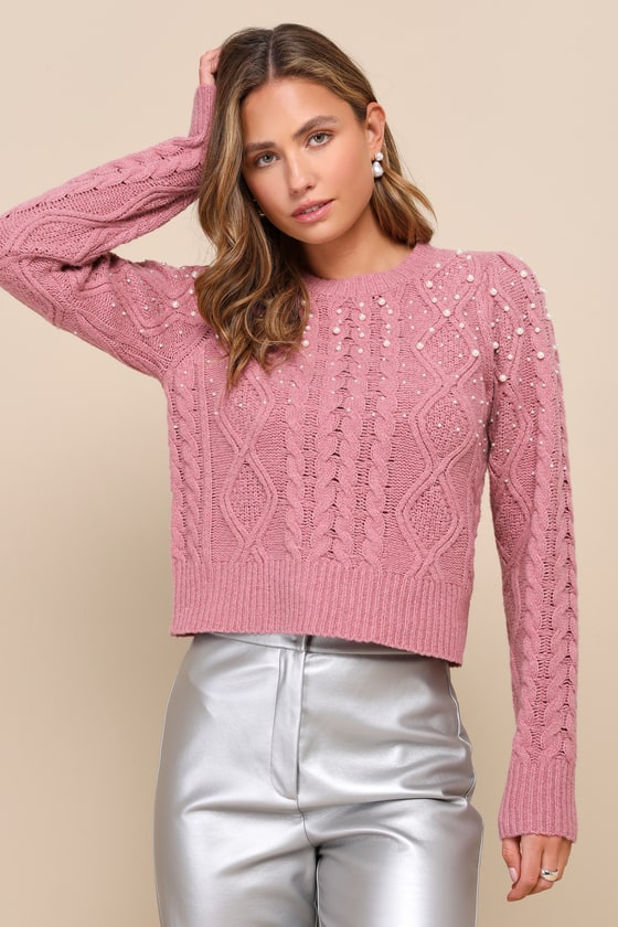 Mauve Sweater - Pearl Embellished Sweater- Cable Knit Sweater - Lulus