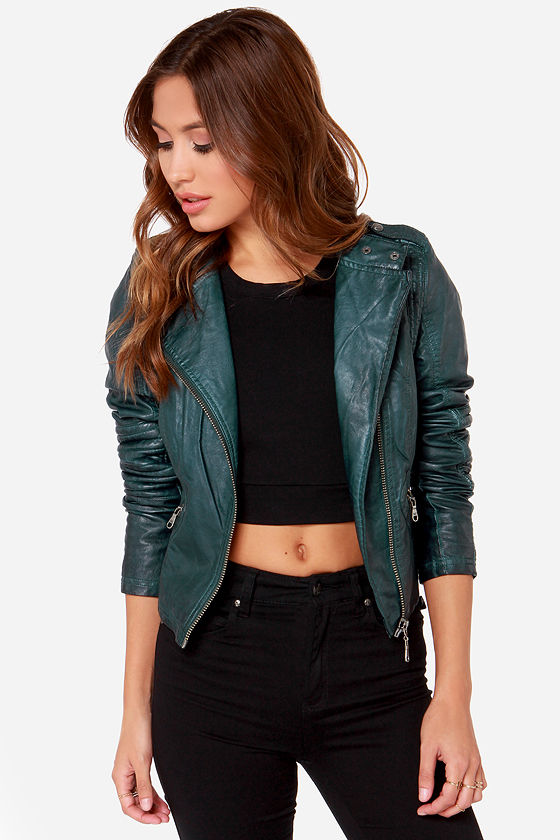 Black Swan Heart Dark Teal Vegan Leather Moto Jacket 1